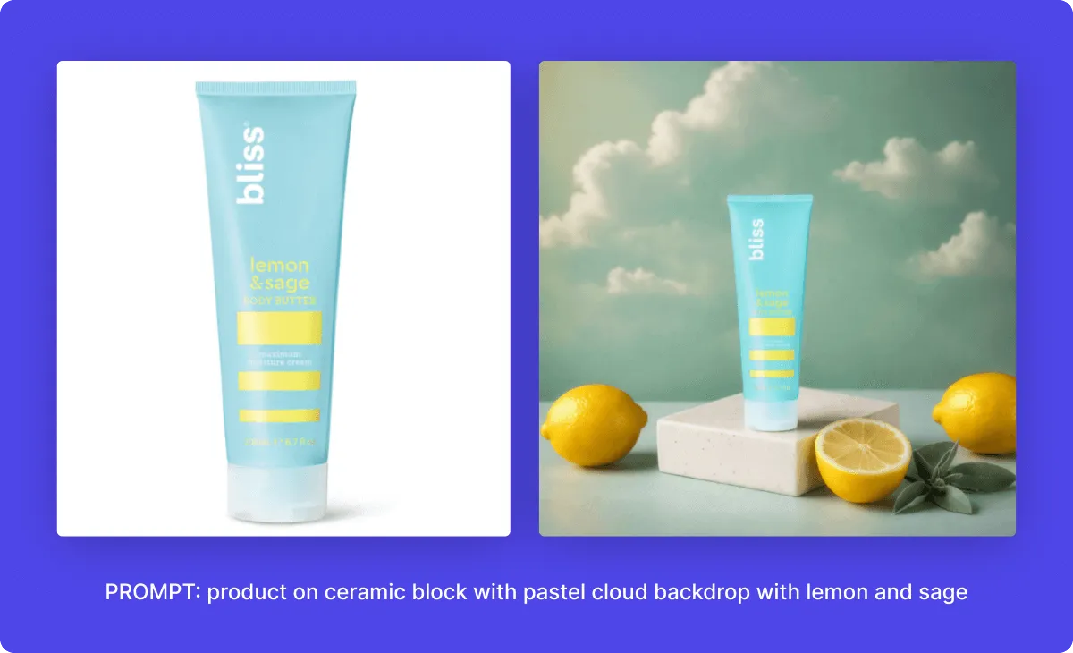 prompt: product on ceramic block with pastel cloud backdrop with lemon and sage, image shows what the prompt describes