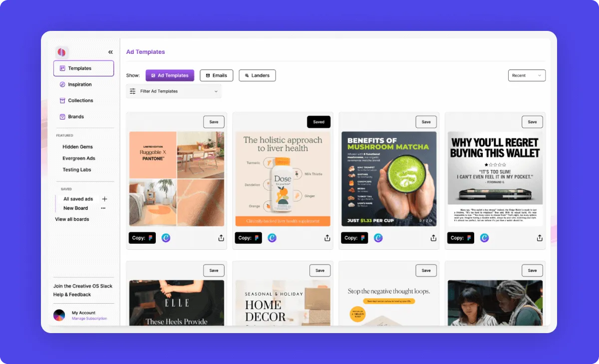 screenshot of CreativeOS showing ads that can be copied