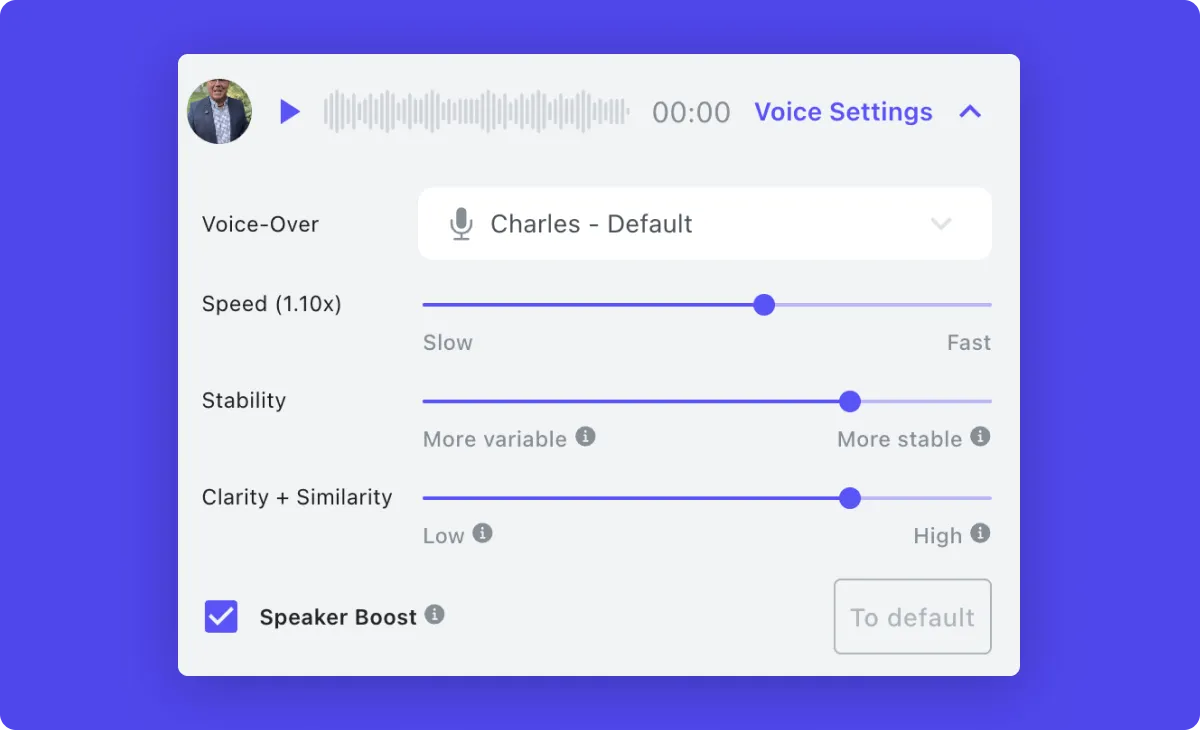 speed: 110x, stability: 75% (more stable), clarity + similarity: 75% (high), speaker boost on