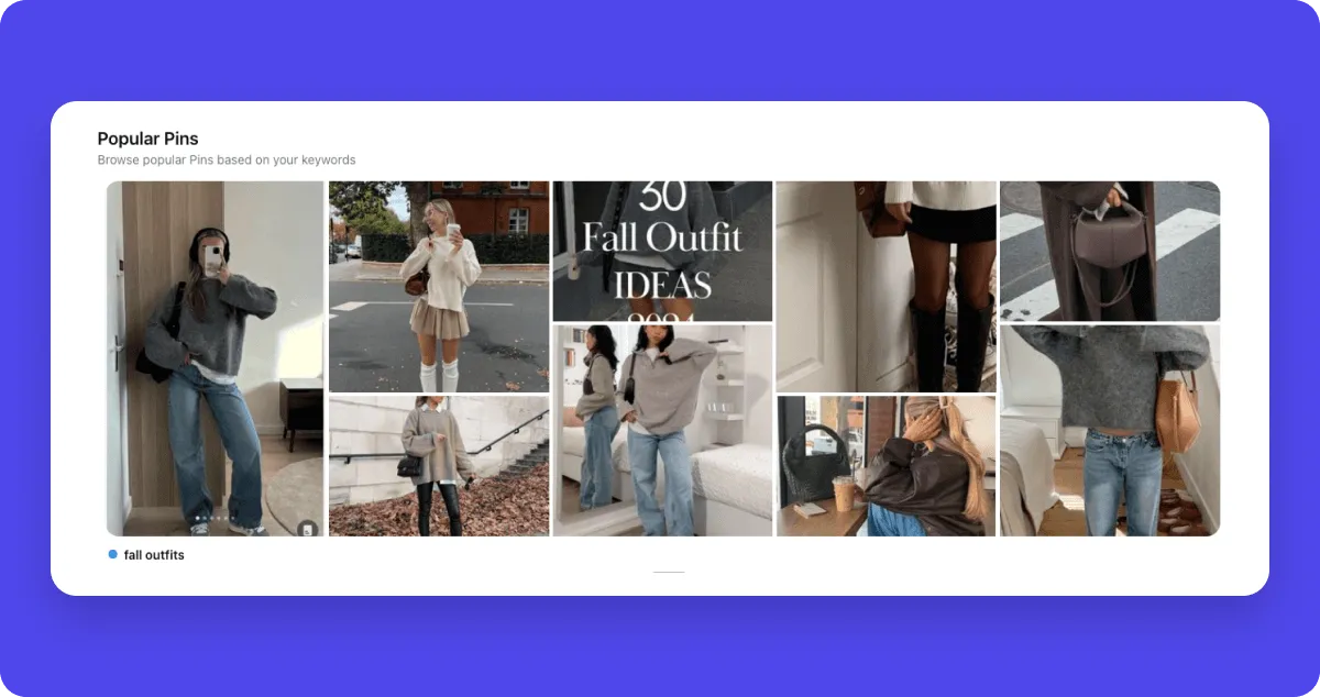 "popular pins" screenshot with photos of people in stylish fall-inspired outfitsf