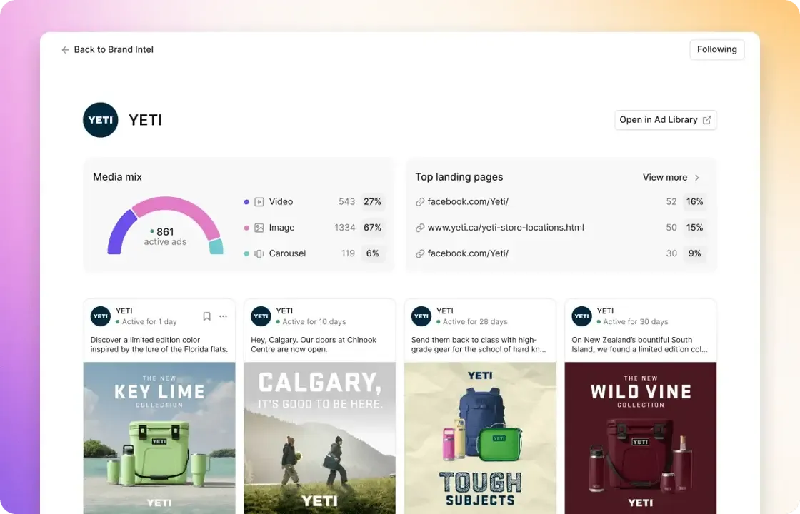 brand intel page for Yeti, 27% video, 67% image, 6% carousel, shows some ads and a list of top landing pagest