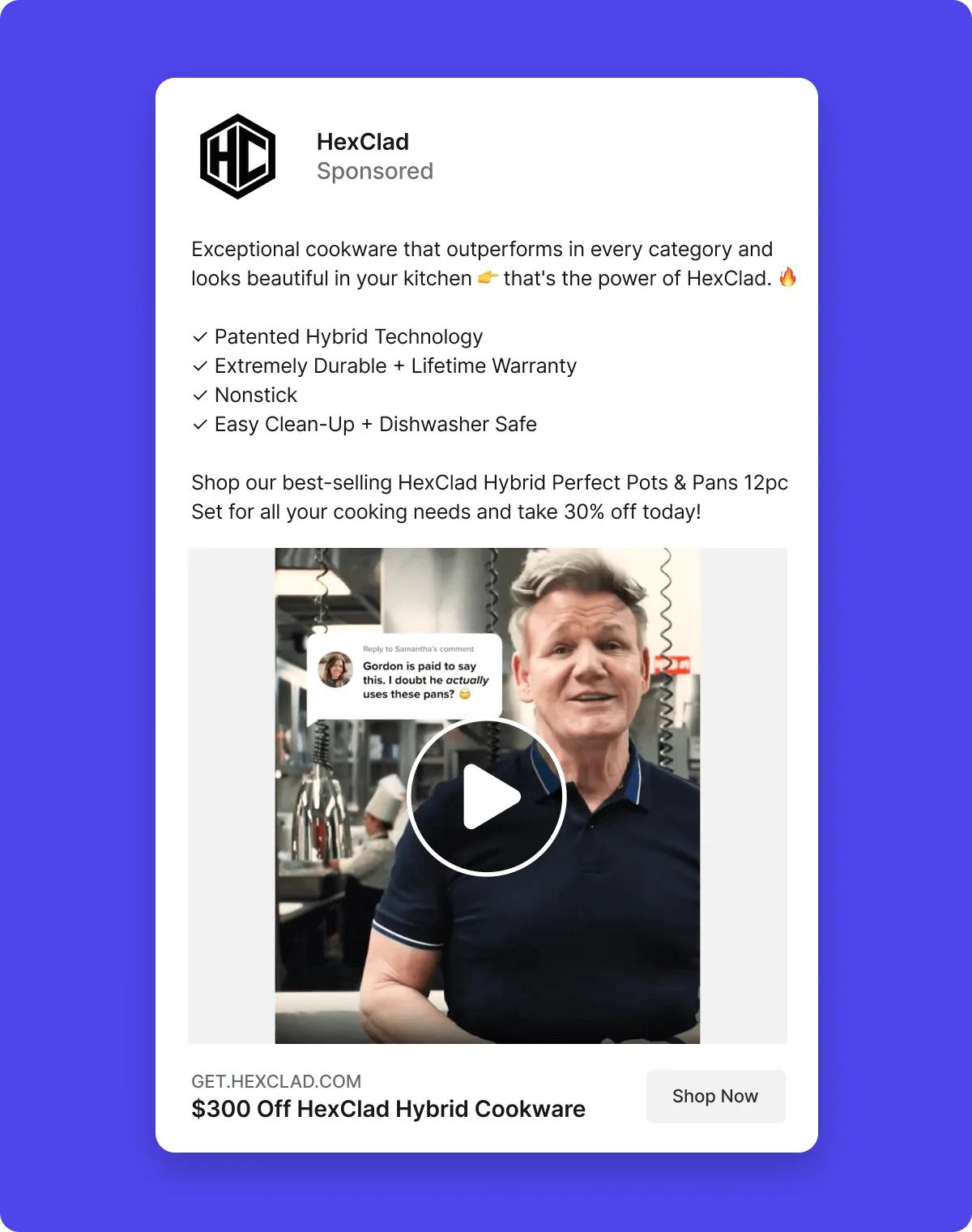 Goron Ramsay in a kitchen with a titktok comment overlaid saying "Gordon is paid to say this. I doubt he actually uses these pans"